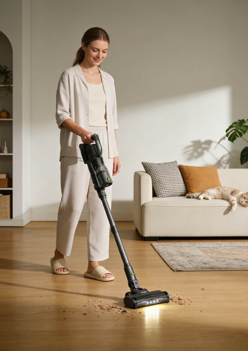 Tergeo V50 cordless vacuum in a bright living room