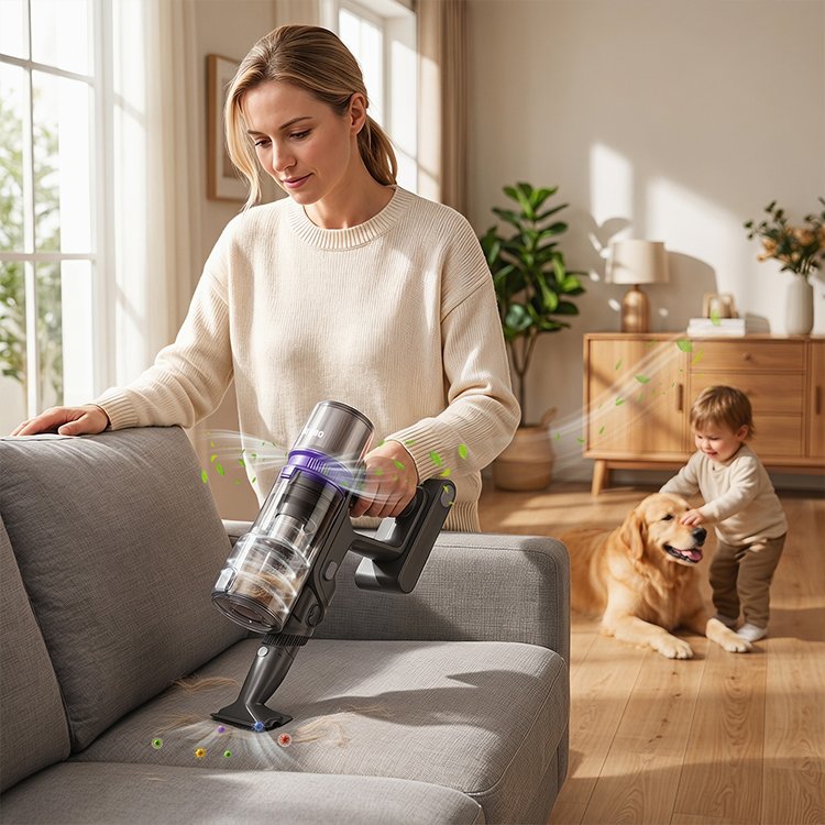 Cordless cleaning at home with family and pet